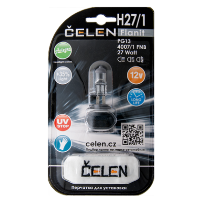 Галогенная лампа CELEN H27/1 (прямой цоколь) 4007/1 FNB 12V 27W Halogen Fianit (прозрачная) + 35% Long life, UV-stop, + перчатка