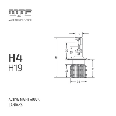 Светодиодная лампа головного света MTF ACTIVE NIGHT H4/H19 6000К (LAN04K6)