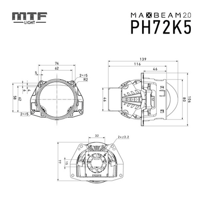 Светодиодная BI-LED линза MTF Линза MTF MAXBEAM 2.0 бескорпусные 5500К, 12В, ближ/дальний 65/72Вт (PH72K5) (пара)